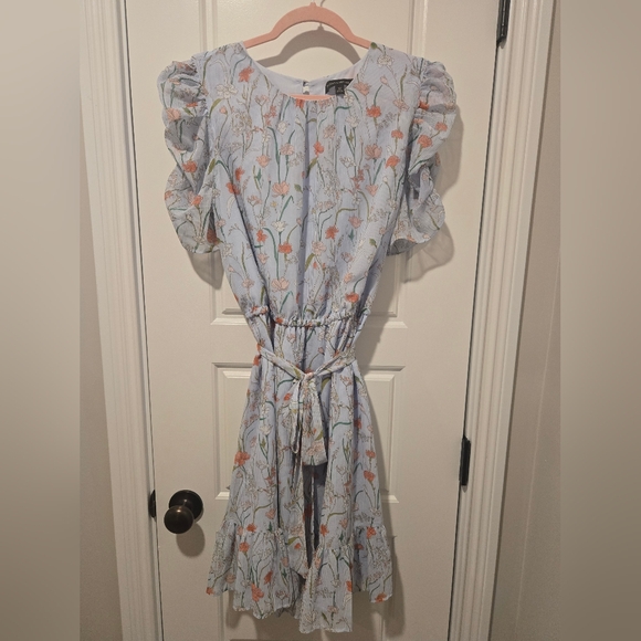 Banana Republic Pale Blue Floral Puff Sleeve Dress Size 12 - Picture 1 of 10